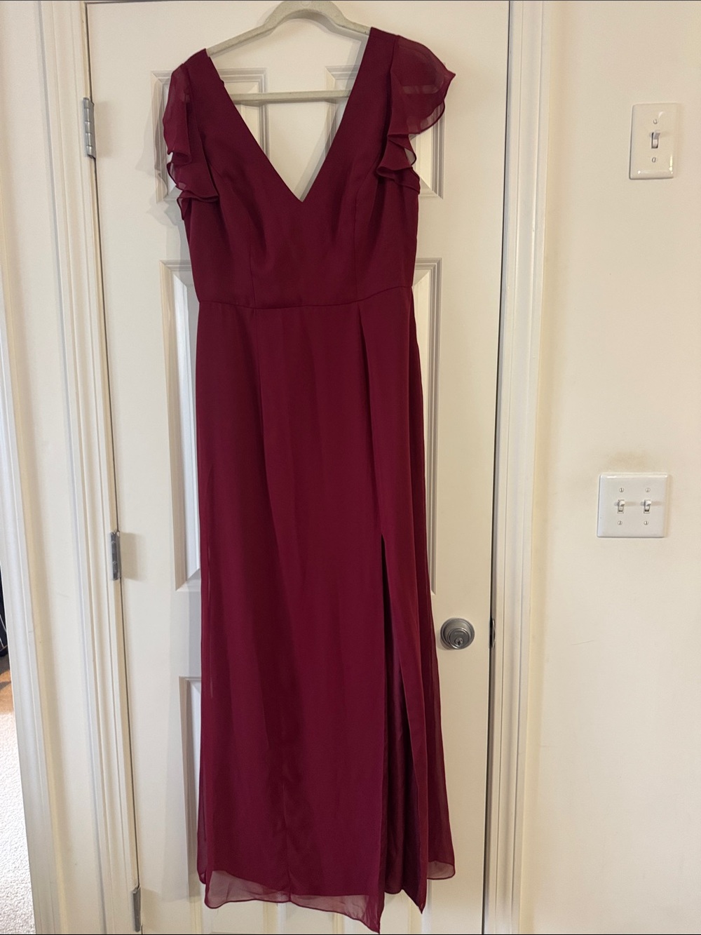 After Six Burgundy V-Neck Ruffle Sleeve Bridesmaid Dress